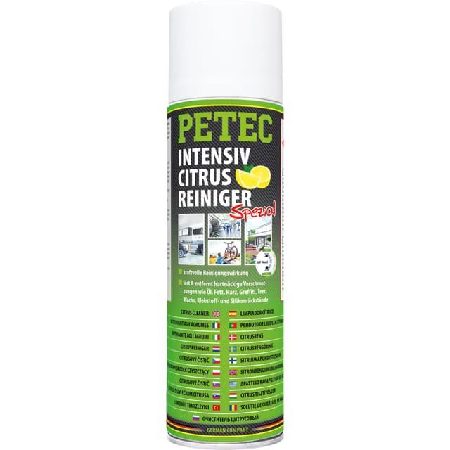 PETEC Intensiv Citrus Reiniger Klebereste Entferner Baumharzentferner Auto Allzweckreiniger Spray 500 ml. Universal Putzmittel Silikon entfernen Teerentferner Harzlöser Ölentferner Remover 72950
