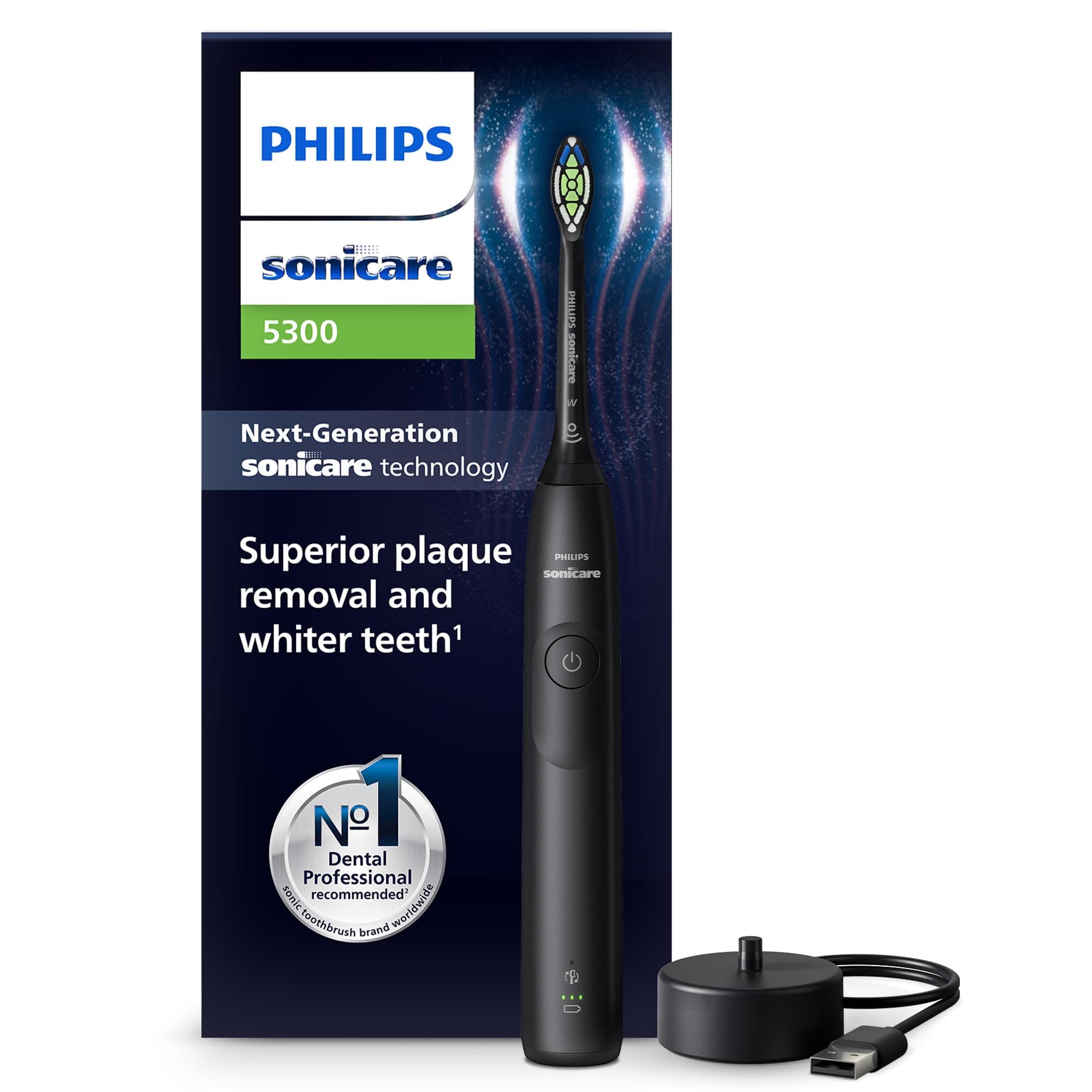 Philips Sonicare 5300 elektrische Zahnbürste, Schallzahnbürste mit 2 Intensitätsstufen, Andruckkontrolle, EasyStart, Smartimer und BrushPacer, Schwarz, Modell HX7101/01 [Neue Technologie] Neu, Sonicare 5300, Schwarz
