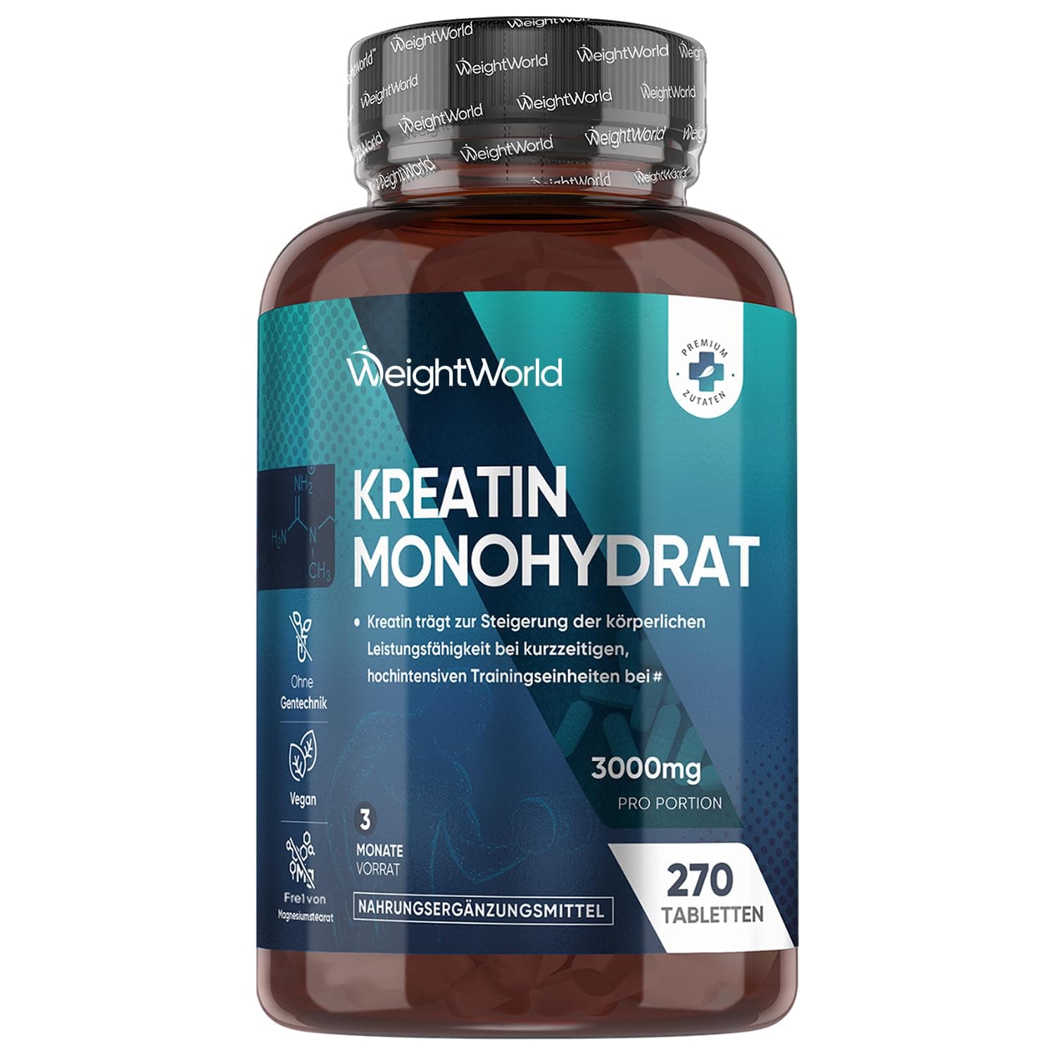 Creatin Monohydrat Tabletten - 3000mg pro Portion - 270 Kreatin Vegan Tablets - 3 Monate Vorrat - Creatine - 3 Kreatin Monohydrat Tabletten pro Tag - Frei von Gluten & Magnesiumstearat - WeightWorld