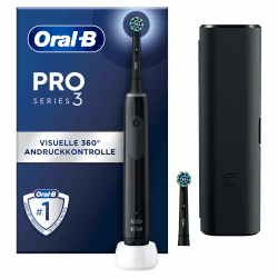 Oral-B Pro Series 3 Elektrische Zahnbürste, 3 Putzmodi, 360° Andruckkontrolle für Zahnpflege, 2 Aufsteckbürsten, 1 Reise-Etui, Designed By Braun, Schwarz (Alt) - Black Angebot bei HelloDeals