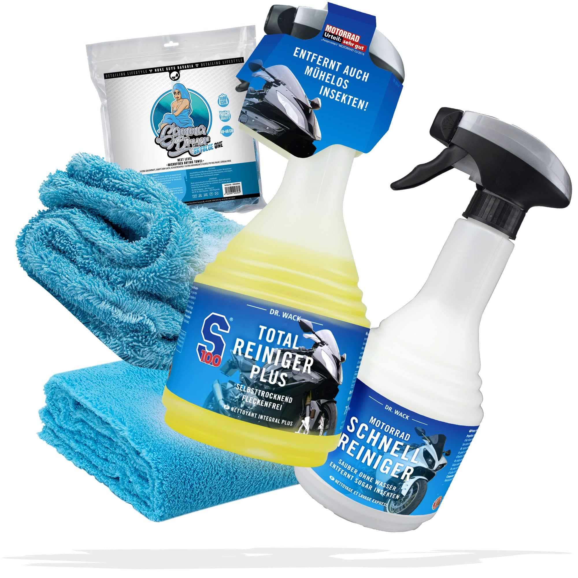Motorrad Reinigung, Trocknen & Detailer Bundle - Dr. Wack S100 Total Reiniger + Bike Detailer S100 Schnellreiniger+ Nuke Guys Gamma Dryer Trockentuch + Waschhandschuh & Poliertuch 40x40cm Basis + Detailer Set