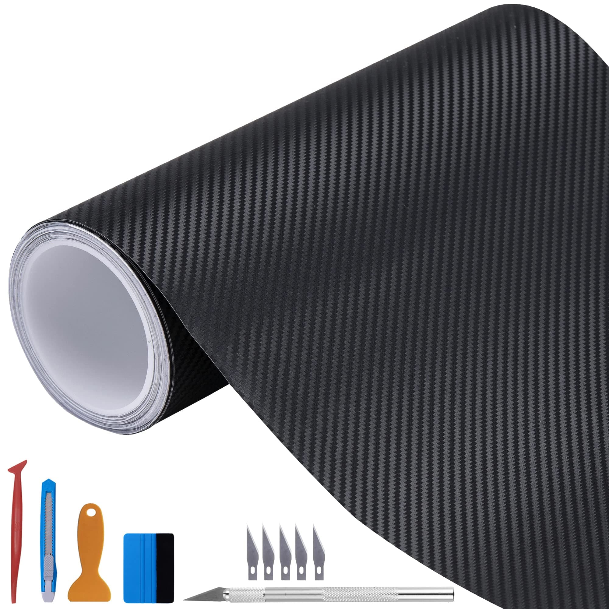 Carbon Autofolie Matt Schwarz Mit Einbauwerkzeug, 30 x 300 cm Selbstklebend 3D Car Wrapping Blasenfrei Vinyl Folie, Carbonfolie Lackschutzfolien für Auto Motorrad DIY Schwarz 30cm x 300cm