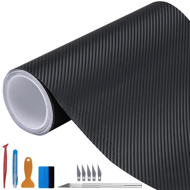 Carbon Autofolie Matt Schwarz Mit Einbauwerkzeug, 30 x 300 cm Selbstklebend 3D Car Wrapping Blasenfrei Vinyl Folie, Carbonfolie Lackschutzfolien für Auto Motorrad DIY Schwarz 30cm x 300cm