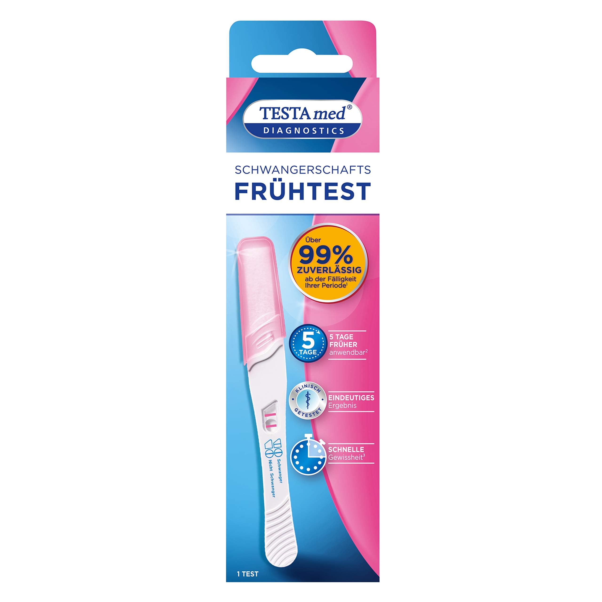 TESTAmed DIAGNOSTICS Schwangerschaftsfrühtest, der Schwangerschaftstest liefert ein sicheres Testergebnis von über 99% 1 stück (1er Pack)