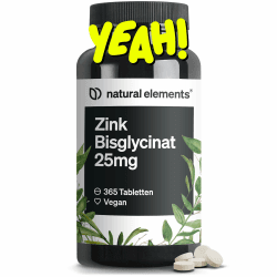 natural elements Zink 25mg – 365 Tabletten – gut verträgliches Zinkbisglycinat (Zink-Chelat) – vegan, hochdosiert, ohne unnötige Zusätze – in Deutschland produziert & laborgeprüft