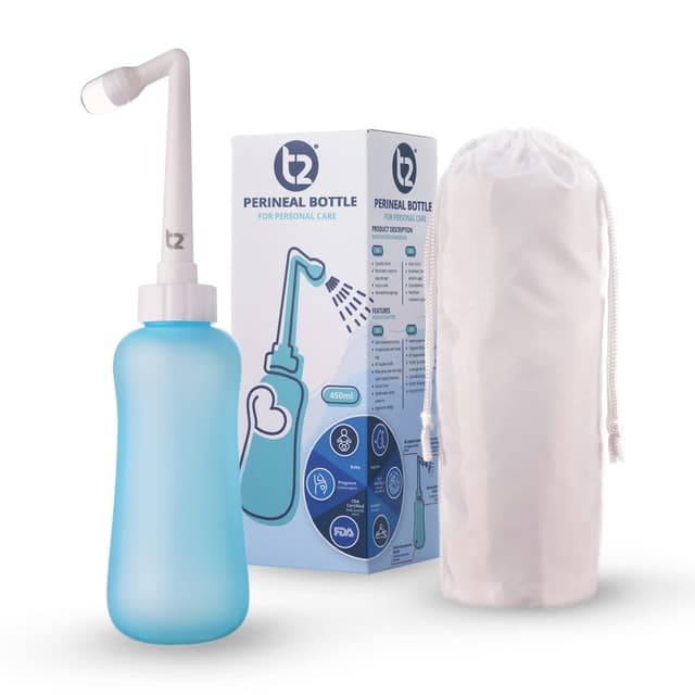T2 Peri-Flasche - Tragbares Bidet für die Wochenbett-Pflege, Dammschmerzlinderung - 450-ml-Quetschflasche mit 60°-Winkeldüse, waschbare Aufbewahrungstasche - Für Krankenhaus, Schwangerschaft 1 Stück (1er Pack)