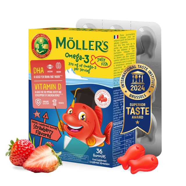 Möller's Omega 3 Kapseln für Kinder | Natürliche Omega 3 Fischtran mit Erdbeergeschmack | Mit DHA und EPA | Leicht zu kauen | Ohne Gluten, Laktose und Zucker | 36 Stück Erdbeere 36 stück (1er Pack)