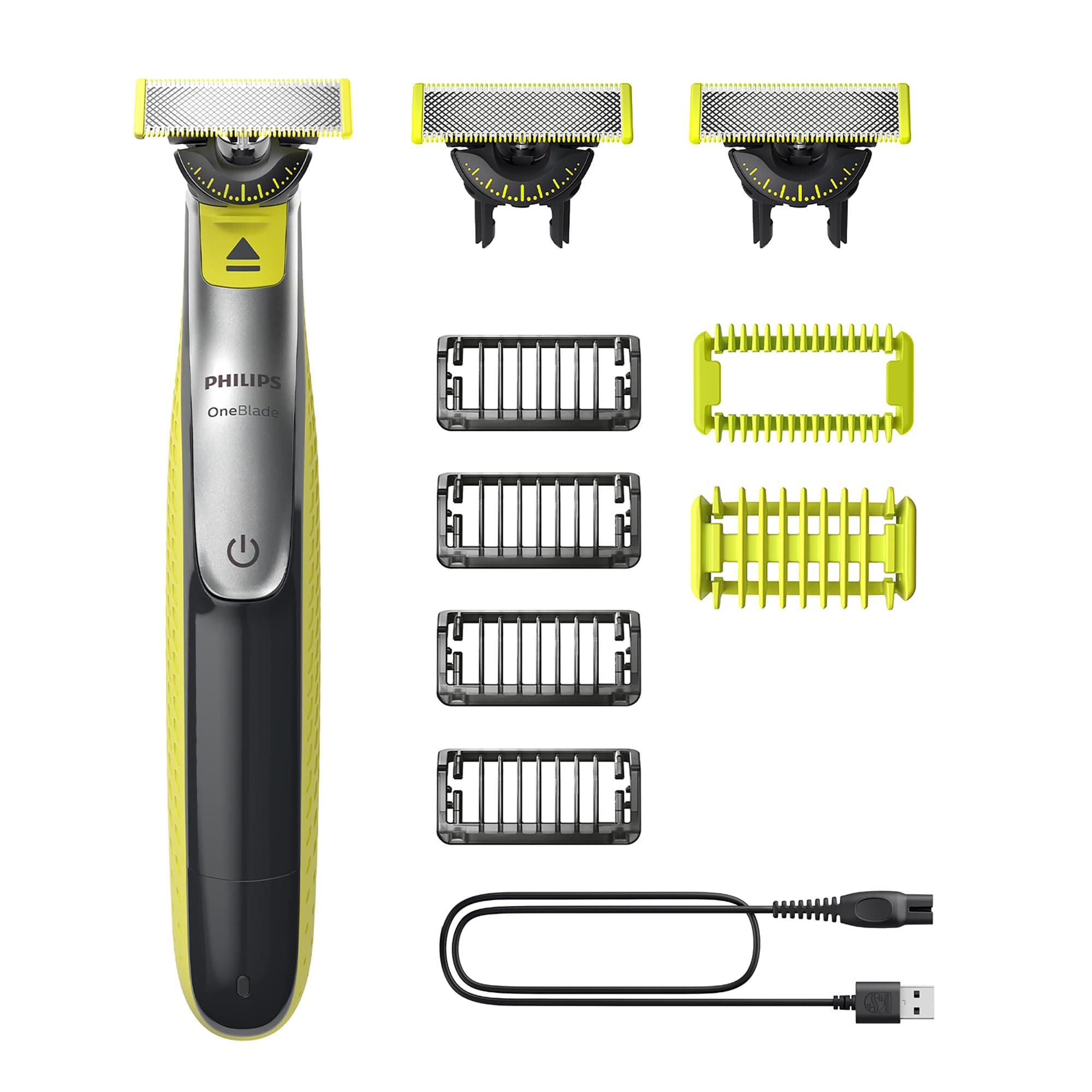 PHILIPS OneBlade 360 Face & Body - elektrischer Rasierer, Trimmer & Bodygroomer, 3x 360 Klingen, 4x Trimmaufsätze (1/2/3/5mm), 2x Körperaufsätze, Nass- & Trockenrasur für Gesicht & Körper (QP2834/31)