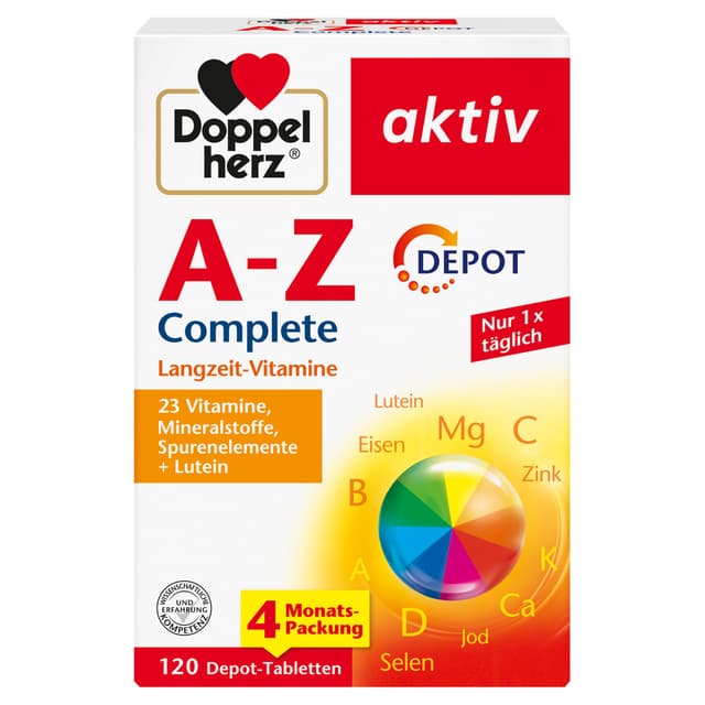 Doppelherz A-Z Complete - Langzeit-Vitamine - 23 Vitamine, Mineralstoffe & Spurenelementen PLUS Lutein - 120 DEPOT-Tabletten 120 stück (1er Pack)