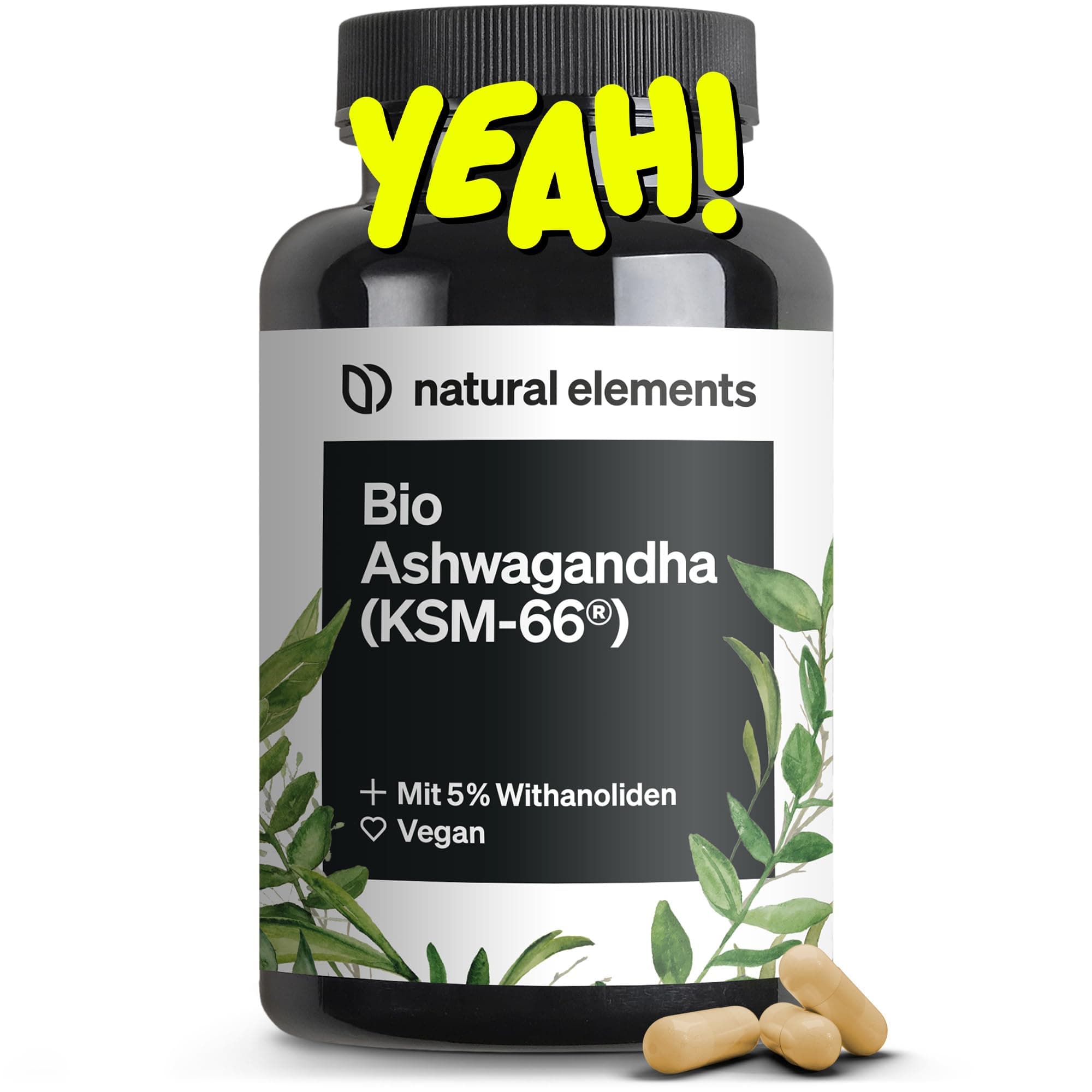 natural elements Bio-Ashwagandha – KSM-66® Premiumrohstoff (180 Kapseln mit überdurchschnittlicher Reichweite) – 5% Withanolid-Gehalt – laborgeprüft, vegan und hochdosiert