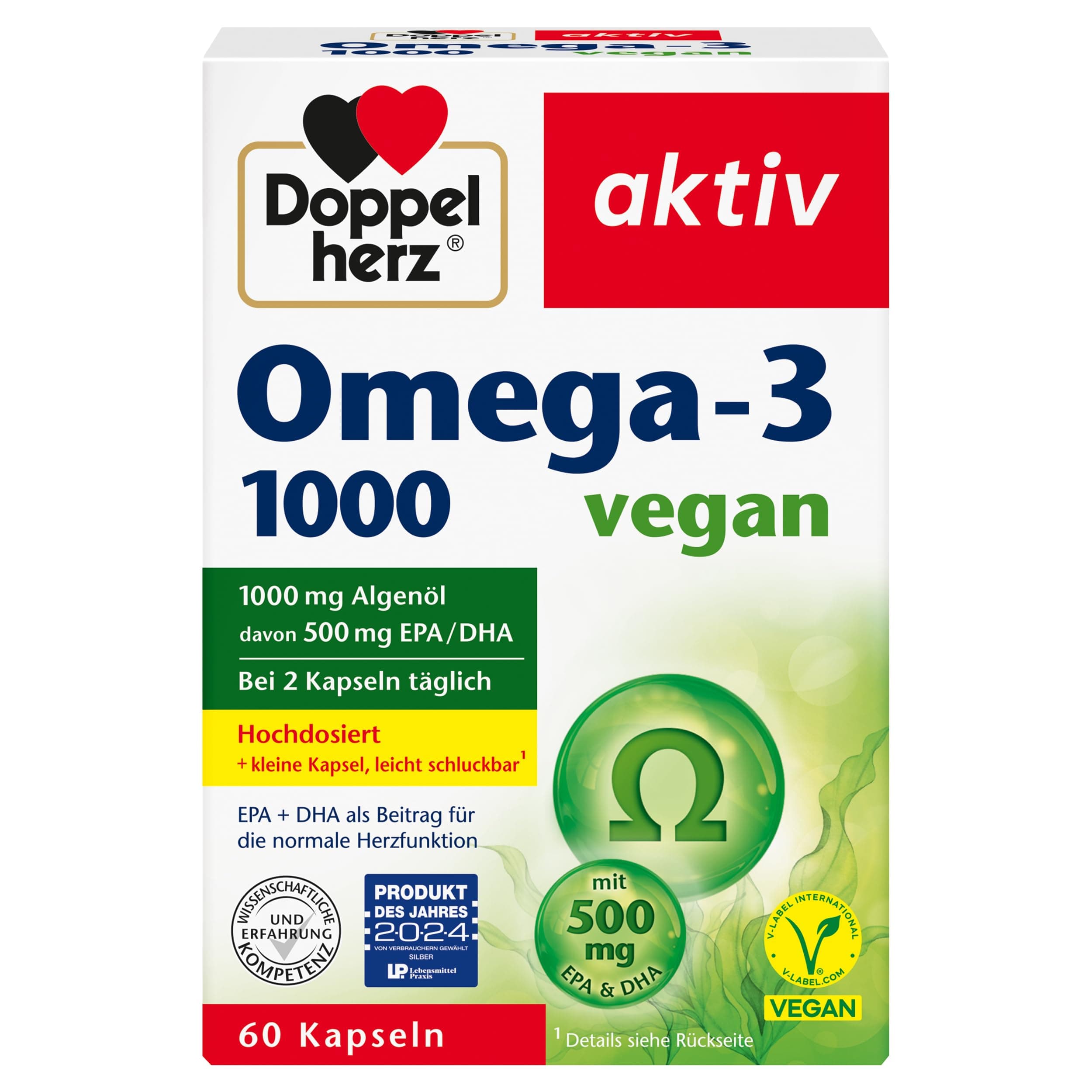 Doppelherz Omega-3 1000 vegan - Hochdosierte Omega-3-Fettsäuren EPA & DHA aus pflanzlichem Algenöl - 60 kleine & vegane Kapseln 60 Kapseln (1er Pack)