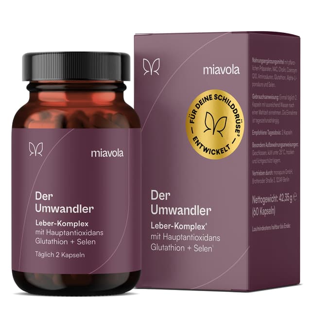 miavola der Umwandler Schilddrüsen & Leber Komplex mit Mariendistel, Artischocke, Cholin, Glutathion, Selen, NAC + weitere Aminosäuren - 60 Kapseln hochdosiert & vegan