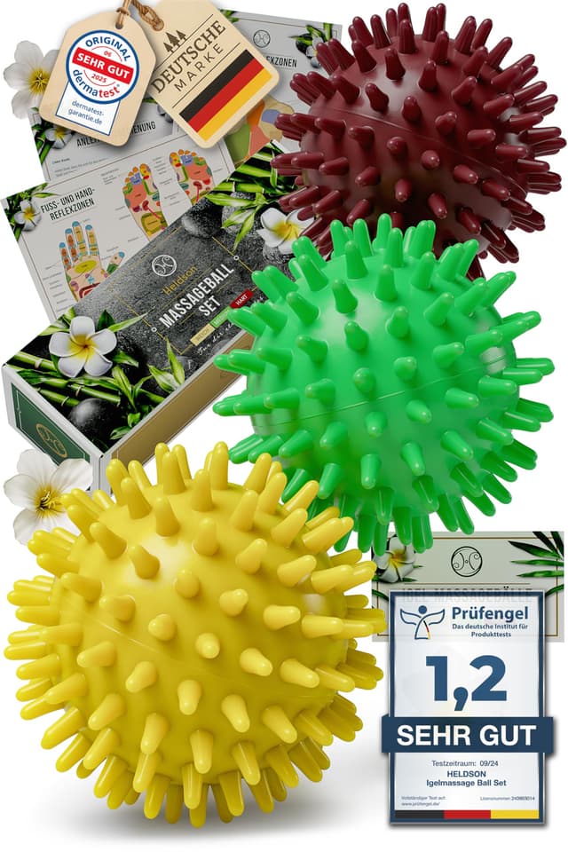 HELDSON® Premium Massageball Set [3 Härtegrade]- Igelball Fußmassage hart, weich - Noppenball - Igelbälle klein - Faszienball Rücken - Massage Ball Faszien - Massageball Fuß - Stachelball Noppen