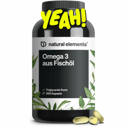 natural elements Omega 3 – 365 Kapseln – 2000mg Fischöl pro Tagesdosis – mit EPA und DHA in Triglycerid-Form – Laborgeprüft, aufwendig aufgereinigt und aus nachhaltigem Fischfang