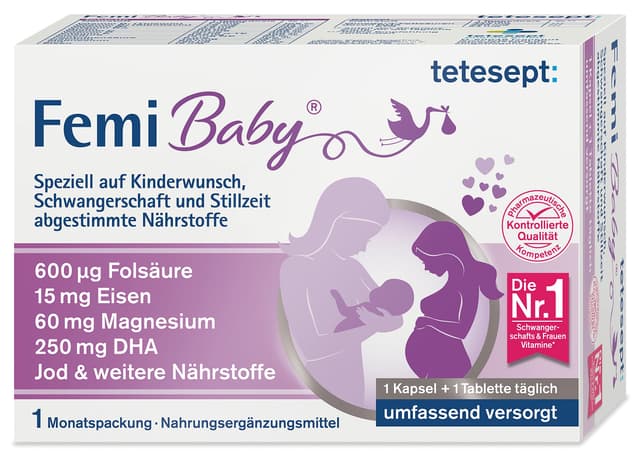 tetesept Femi Baby - Nährstoffe für Kinderwunsch, Schwangerschaft & Stillzeit - 16 Vitamine & Nährstoffe wie Folsäure, Eisen, Magnesium, DHA, Jod - 1 x Monatspackung à 30 Tabletten + 30 Kapseln 1 x à 30 Tabletten + 30 Kapseln