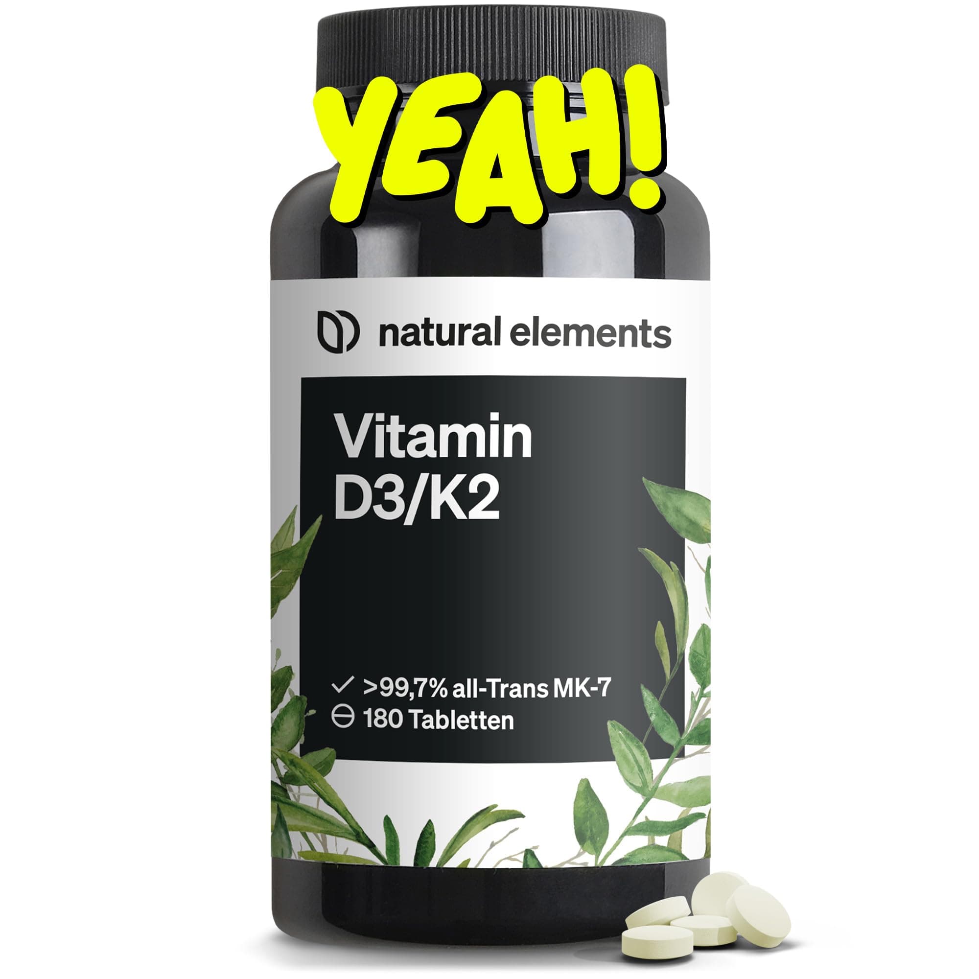 natural elements Vitamin D3 + K2 Depot – 180 Tabletten – Premium-Qualität: K2VITAL® von Kappa – 99,7+% All-Trans K2-MK7 + 5000 IE Vitamin D3 – hochdosiert, ohne Zusätze – laborgeprüfte Qualität