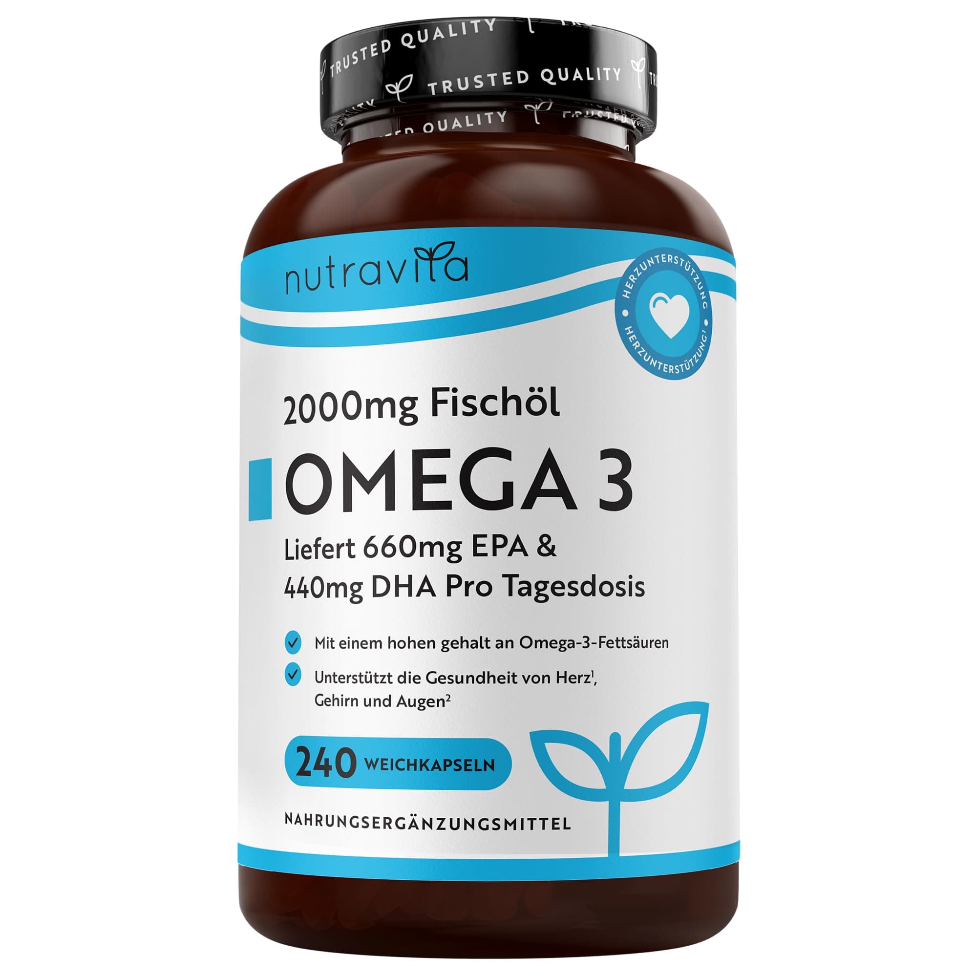 Omega 3 Kapseln Hochdosiert 2000mg Fischöl Kapseln mit 660mg EPA un 440mg DHA Unterstützt die Gesundheit von Herz, Gehirn und Augen (EFSA) 240 Weichkapseln für 4 Monate bei Nutravita