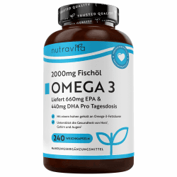 Omega 3 Kapseln Hochdosiert 2000mg Fischöl Kapseln mit 660mg EPA un 440mg DHA Unterstützt die Gesundheit von Herz, Gehirn und Augen (EFSA) 240 Weichkapseln für 4 Monate bei Nutravita Angebot bei HelloDeals