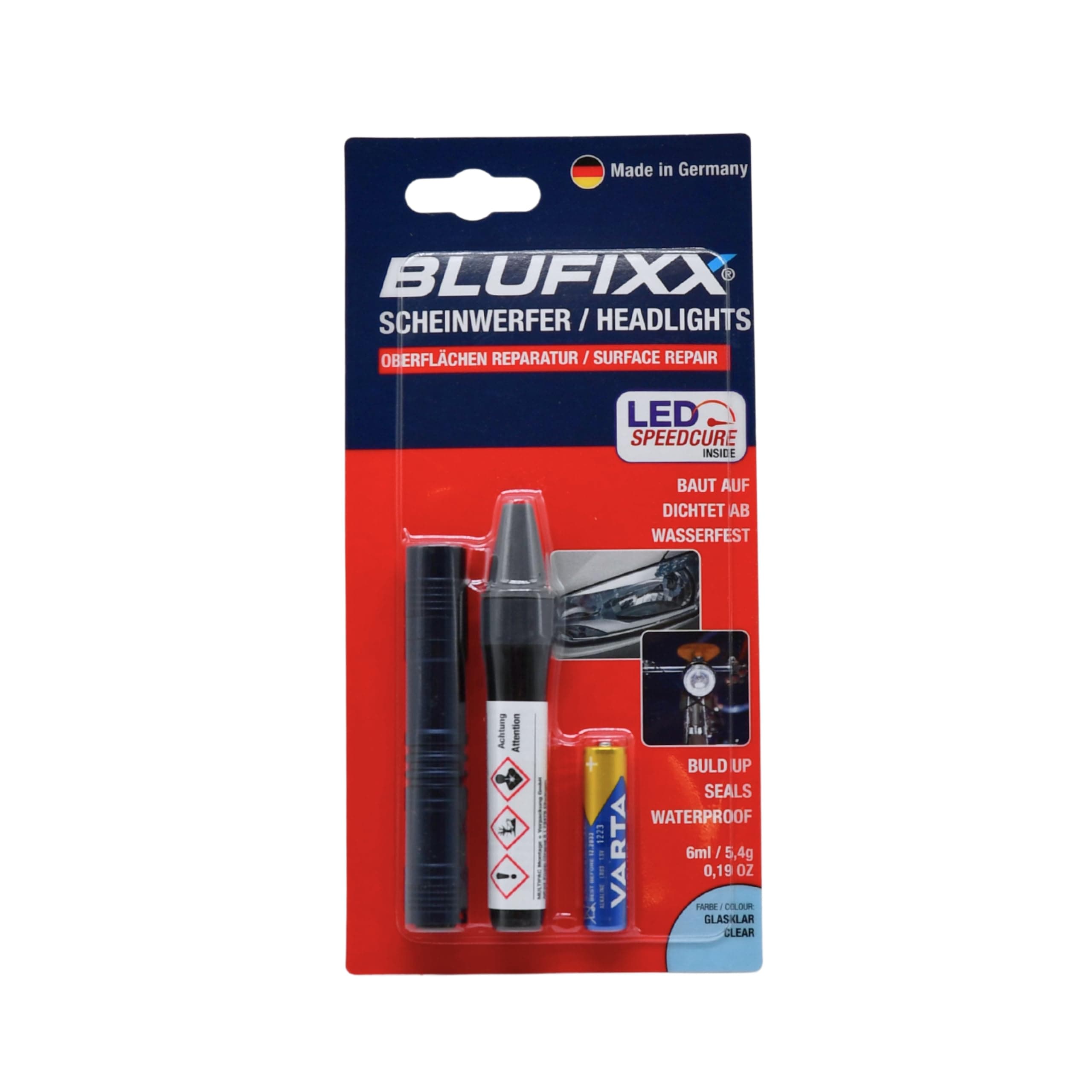 Blufixx-Pro Set Frontscheinwerfer Klar - PRO-EDITION 2024 - Reparaturstift für Kratzer und Risse in Auto Frontscheinwerfern und Rücklichtern, Lichthärtendes KFZ Reparatur- Gel mit LED Licht Frontscheinwerfer Set mit LED-Licht