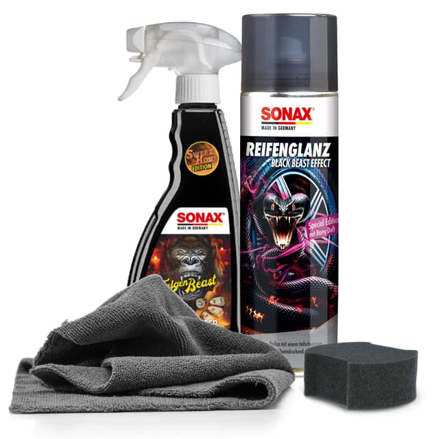 Auto Reifenpflege & Felgenpflege Set | Sonax ReifenGlanz Special Edition + FelgenBeast Sonderedition Felgenreiniger + Applikator Pad + Mikrofasertuch | Pflege & Reinigung von Felgen & Reifen ReifenGlanz mit FelgenBeast