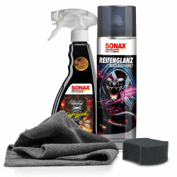 Auto Reifenpflege & Felgenpflege Set | Sonax ReifenGlanz Special Edition + FelgenBeast Sonderedition Felgenreiniger + Applikator Pad + Mikrofasertuch | Pflege & Reinigung von Felgen & Reifen ReifenGlanz mit FelgenBeast Angebot bei HelloDeals