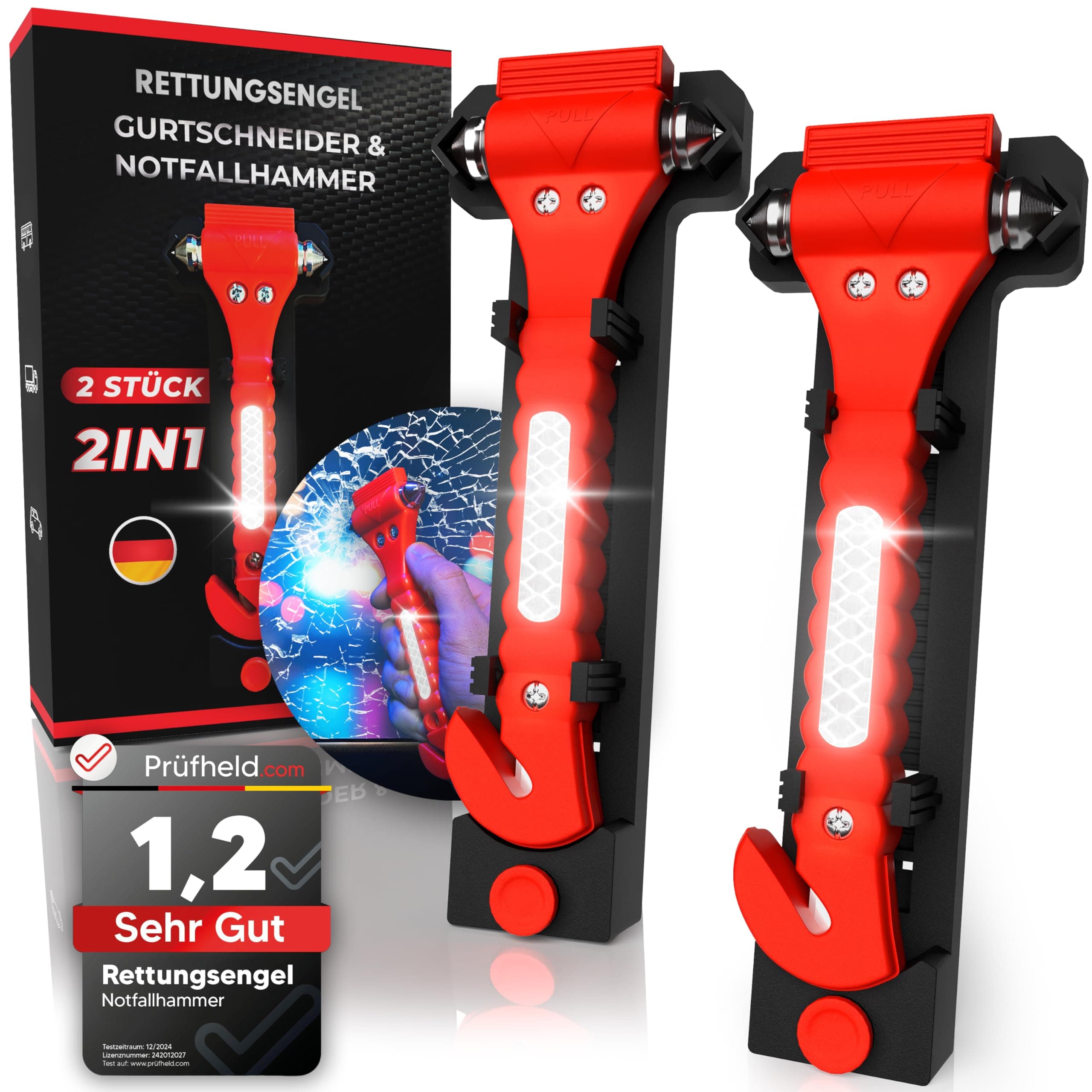 RETTUNGSENGEL® 2in1 Notfallhammer mit Gurtschneider fürs Auto [2er Set] | Gehärtete Spitzen, Testsieger, Inkl. Reflektor | Nothammer Gurtmesser als Rettungswerkzeug im Notfall zum Fenster Einschlagen