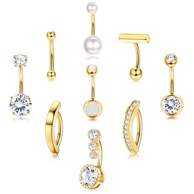 Morfetto 9stk Bauchnabelpiercing Gold Chirurgenstahl Piercing Bauchnabel 14G Silber Bauchnabelpiercing Schwangerschaft CZ Perle Opal Bauchpiercing Nabelpiercing 10/12mm Stablänge