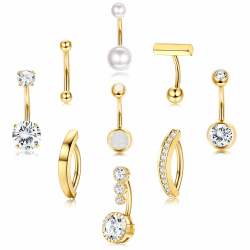 Morfetto 9stk Bauchnabelpiercing Gold Chirurgenstahl Piercing Bauchnabel 14G Silber Bauchnabelpiercing Schwangerschaft CZ Perle Opal Bauchpiercing Nabelpiercing 10/12mm Stablänge