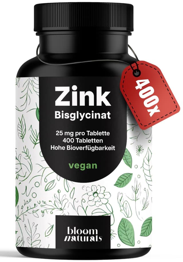 Zink Tabletten hochdosiert 25mg - 400 Tabletten hochdosiert mit Zink-Bisglycinat - Vegan und produziert in Deutschland - Laborgeprüft