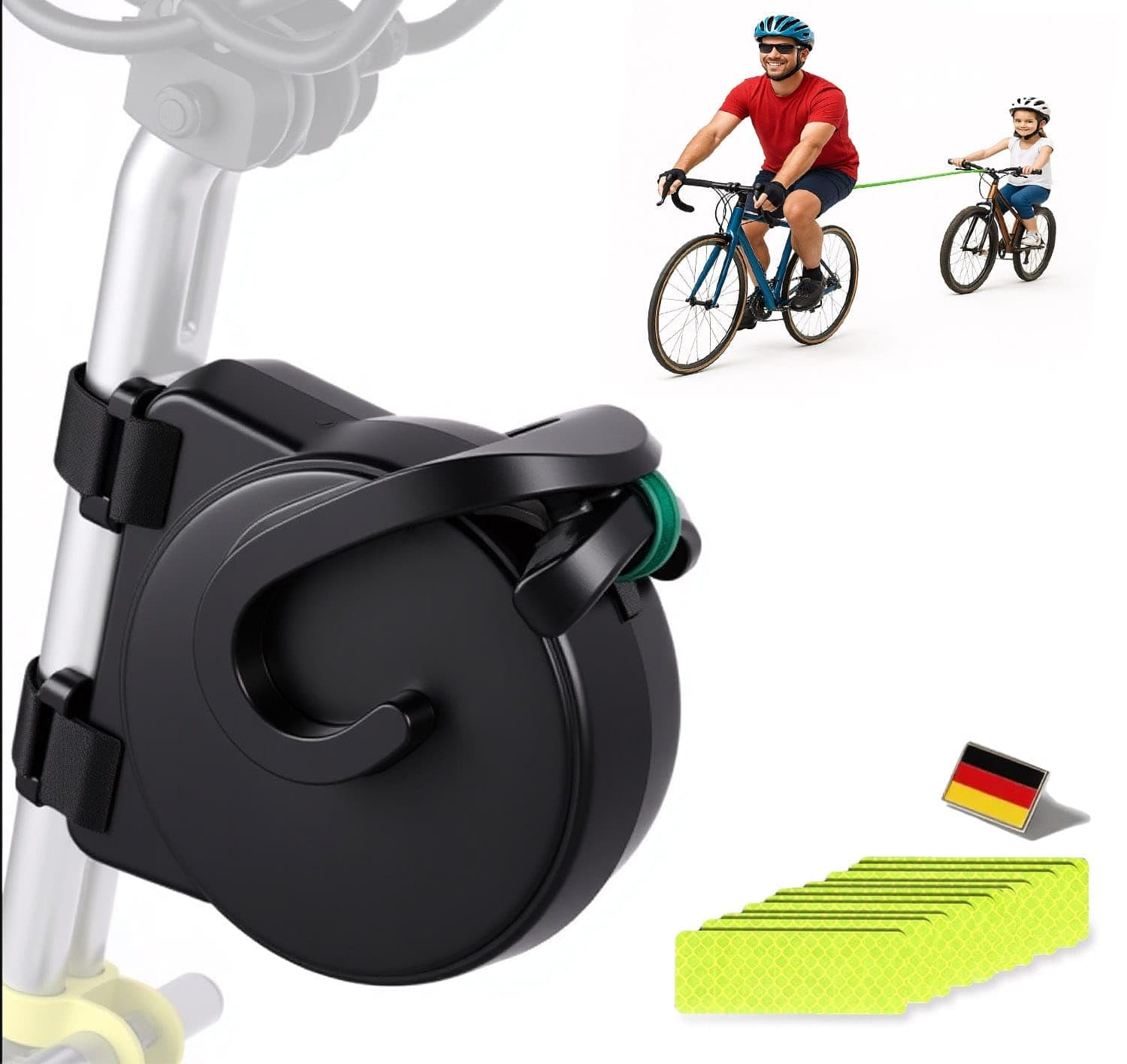 Fahrrad Abschleppseil Kinder 2.5M, Zugseil für Kinderrad & MTB, 120kg Tragkraft, Rückzugsmechanismus, inkl. Deutschland-Flaggenpin & 10x Reflektoren