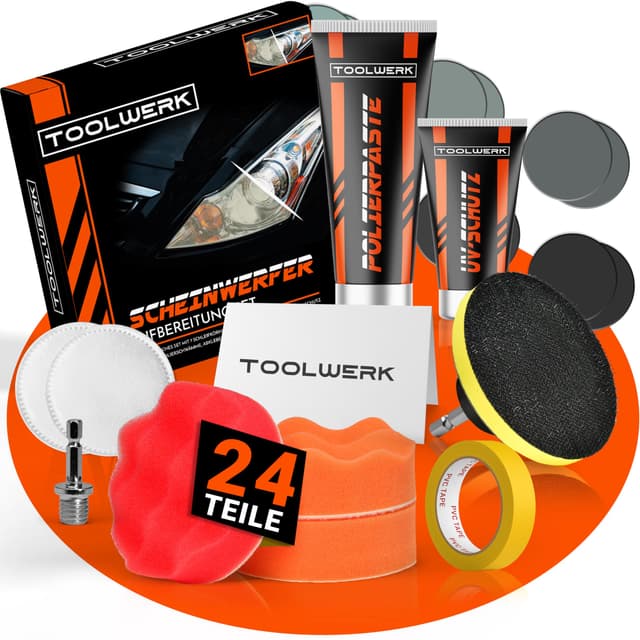 TOOLWERK® Scheinwerfer Aufbereitung Set [24 Teile] - Reparatur-Set & Polierset für alle gängigen Autoscheinwerfer mit UV-Schutz, Politur & Schleifscheiben in 7 Körnungen [inkl. Sechskant-Adapter]