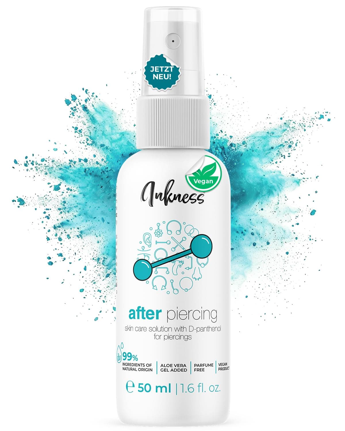 Inkness After Piercing Spray 50ml für Nachsorge - Unterstützt Piercing Entzündung & Heilung - Piercing Aftercare für Ohr Nase Bauchnabel mit 99% natürliche Inhaltsstoffen D-Panthenol & Hamamelis