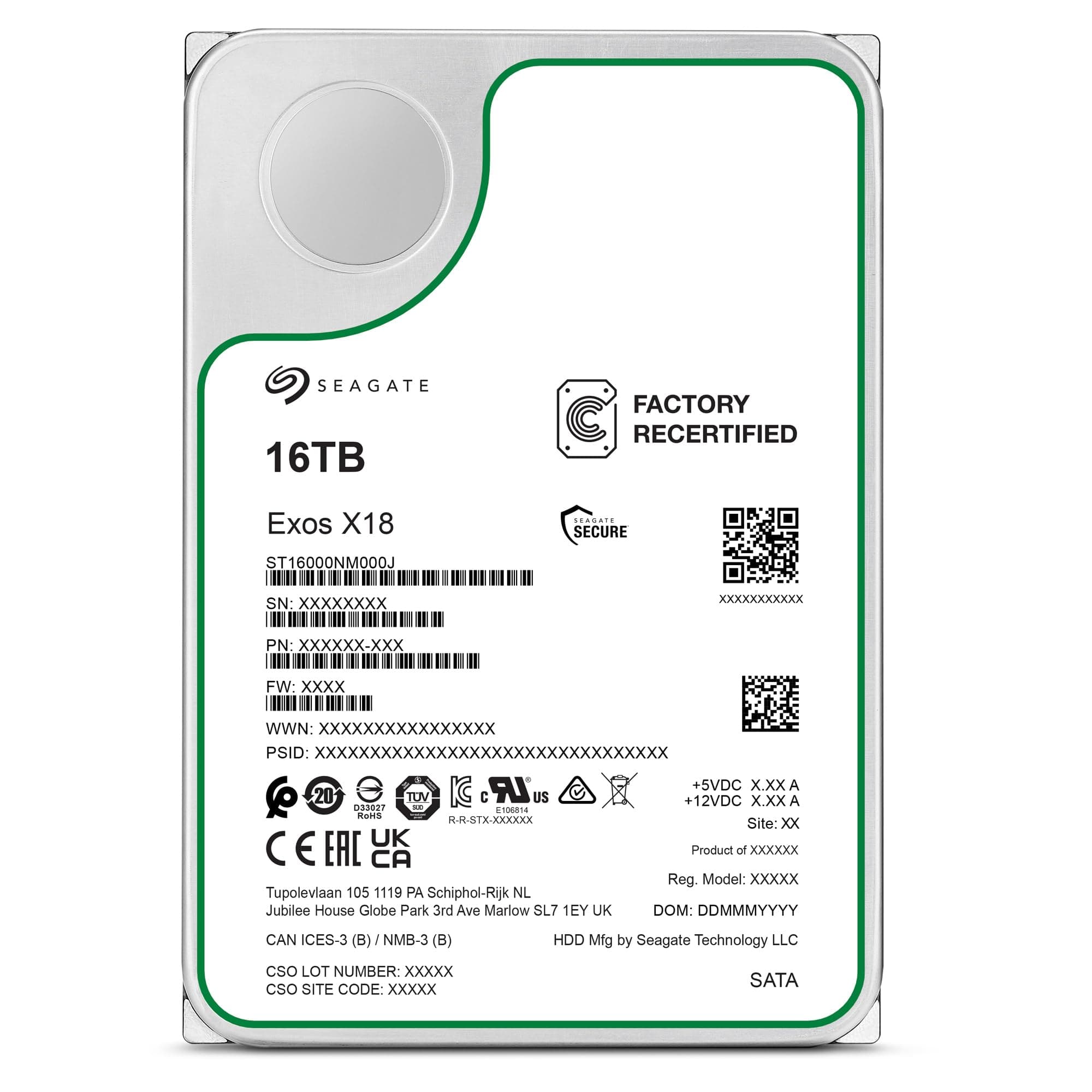 Seagate Exos X18 Enterprise 16TB HDD, CMR 3,5 Zoll, Hyperscale SATA 6GB/s, 7.200 U/min, 512e, 4Kn FastFormat, geringe Latenz mit verbessertem Caching, Modellnr.: ST16000NM000J (Generalüberholt) SATA 16 To 512E/4KN