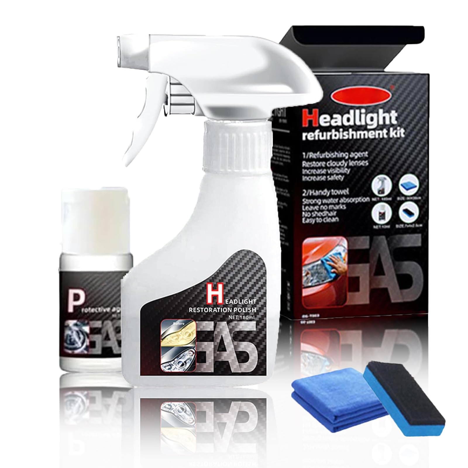 Generisch Scheinwerfer Aufbereitung Flüssigkeit Set 180ml, Headlight Restoration Kit, Auto Scheinwerfer Politur Spray, Flüssiges Scheinwerfer-Reparaturmittel für Reinigt Poliert Vermattete Vergilbte