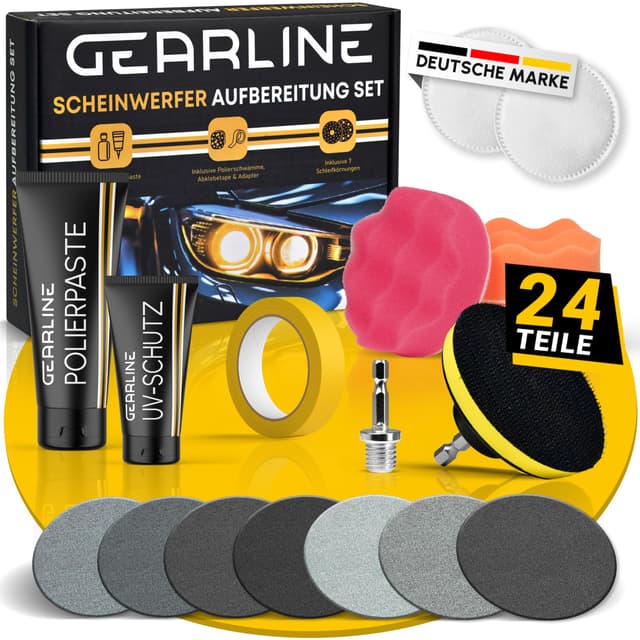 GEARLINE® Scheinwerfer Aufbereitung Set [24 Teile] - Polierset für matte & blinde Scheinwerfer - Inkl. UV-Schutz, Polierpaste, Adapter & 14 Schleifscheiben - Auto Polierset zur Aufbereitung Einzelset