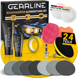 GEARLINE® Scheinwerfer Aufbereitung Set [24 Teile] - Polierset für matte & blinde Scheinwerfer - Inkl. UV-Schutz, Polierpaste, Adapter & 14 Schleifscheiben - Auto Polierset zur Aufbereitung Einzelset Angebot bei HelloDeals