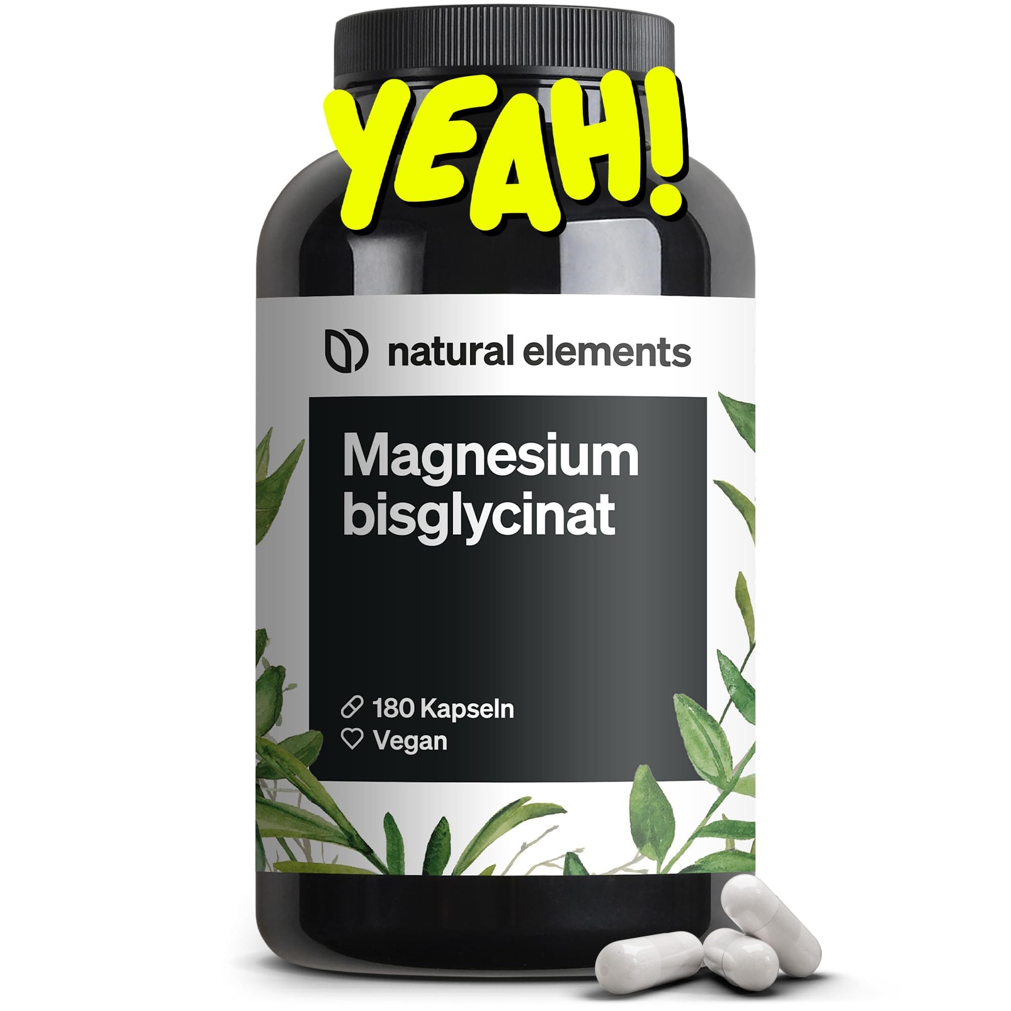 natural elements Magnesiumbisglycinat - Premium: Chelatiertes Magnesium - 180 Kapseln - 300mg elementares Magnesium pro Tagesdosis - Laborgeprüft, vegan, hochdosiert