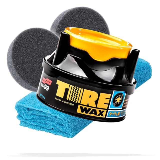detailmate Reifen- und Kunststoffpflege Bundle Basis | Soft99 Tire Black Wax 170g + 2X Applikatorpad + 1x Mikrofaser Poliertuch 550GSM | Reifenwachs mit Färbungseffekt Reifenpflege Set Basis