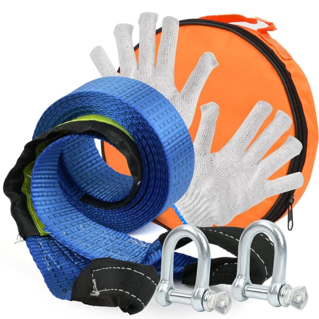 BUYGOO Abschleppseil Zubehör Set 8 Tonnen, 4.8cm x 5m Abschleppseil PKW mit Leuchtstoff Streifen, Notfall-Abschleppgurt mit 2 Dicken U-Förmigen & Rutsch Handschuhe & Aufbewahrungstasche, für Auto LKW