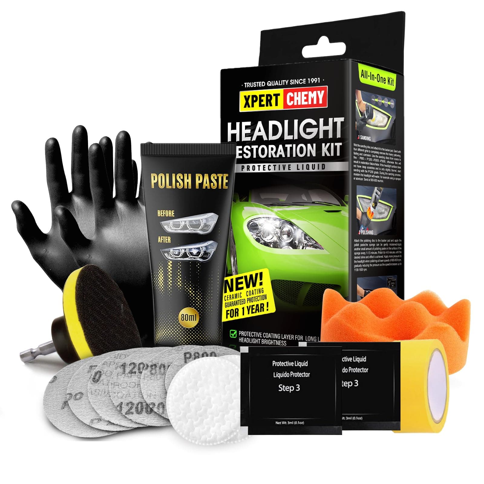 XPERTCHEMY Scheinwerfer Aufbereitung Set - Scheinwerfer Polierset Kit Entfernung Schwerer Gelbwärbung, Trübung und Flecken, Die Helligkeit der Scheinwerfer wiederherstellen, Headlight Repair Kit
