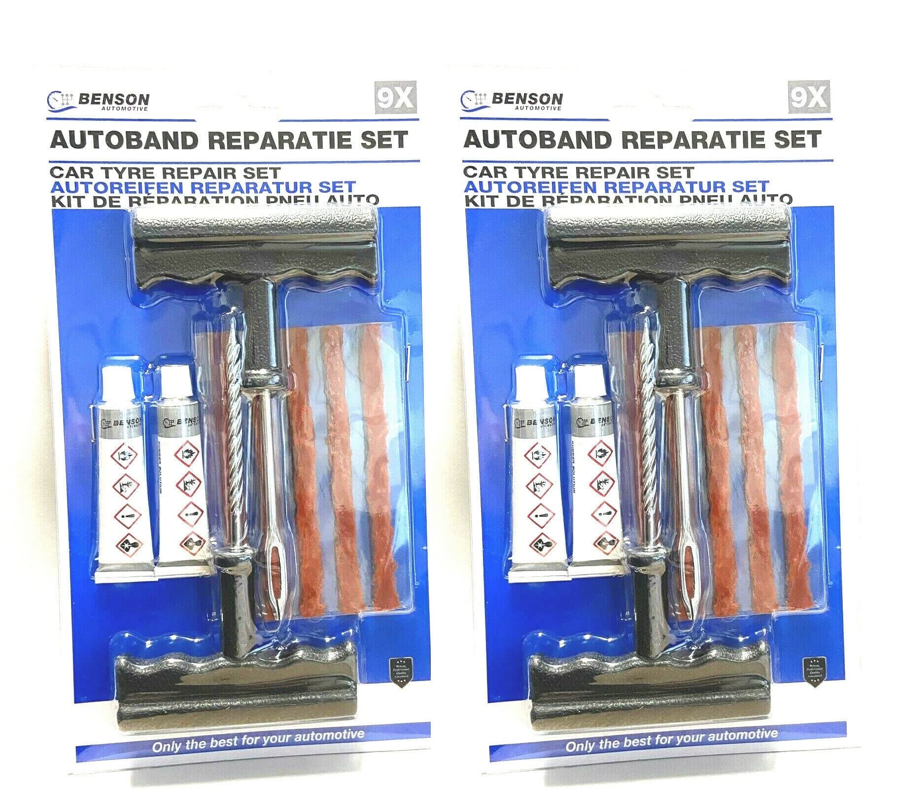 BENSON 2 x Notfall Autoreifen Reparaturset 9-teiliges Flickzeug als Pannenhilfe für Reifenreparatur - 2er Pack