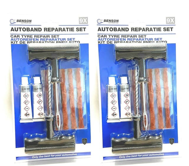 BENSON 2 x Notfall Autoreifen Reparaturset 9-teiliges Flickzeug als Pannenhilfe für Reifenreparatur - 2er Pack