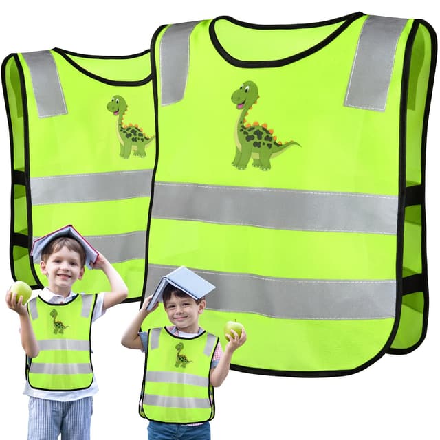 2 Stück Warnweste Kinder,Sicherheitsweste Kinder,Atmungsaktiv Und Universal Größe,Leichte Warnweste Kinder Reflektorweste,Ideal für Schulen,Sport und die Sicherheit von Jungen-Grüner Dinosaurier