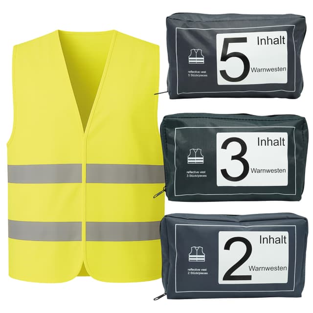 VZL Warnwesten Auto Set – TÜV geprüfte Warnweste EN ISO 20471 – Warnweste Auto – 2/3/5 Stück Warnwesten – für Auto, Motorrad, Fahrrad – Warnweste Kinder – Rettungsweste Kinder (2)