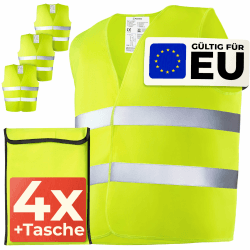 Prowiste 4 Warnwesten Auto Set mit Tasche – Geprüfte EN ISO 20471, Europaweit gültig – Ideal für Auto, BAU - Universalgröße - Gelb