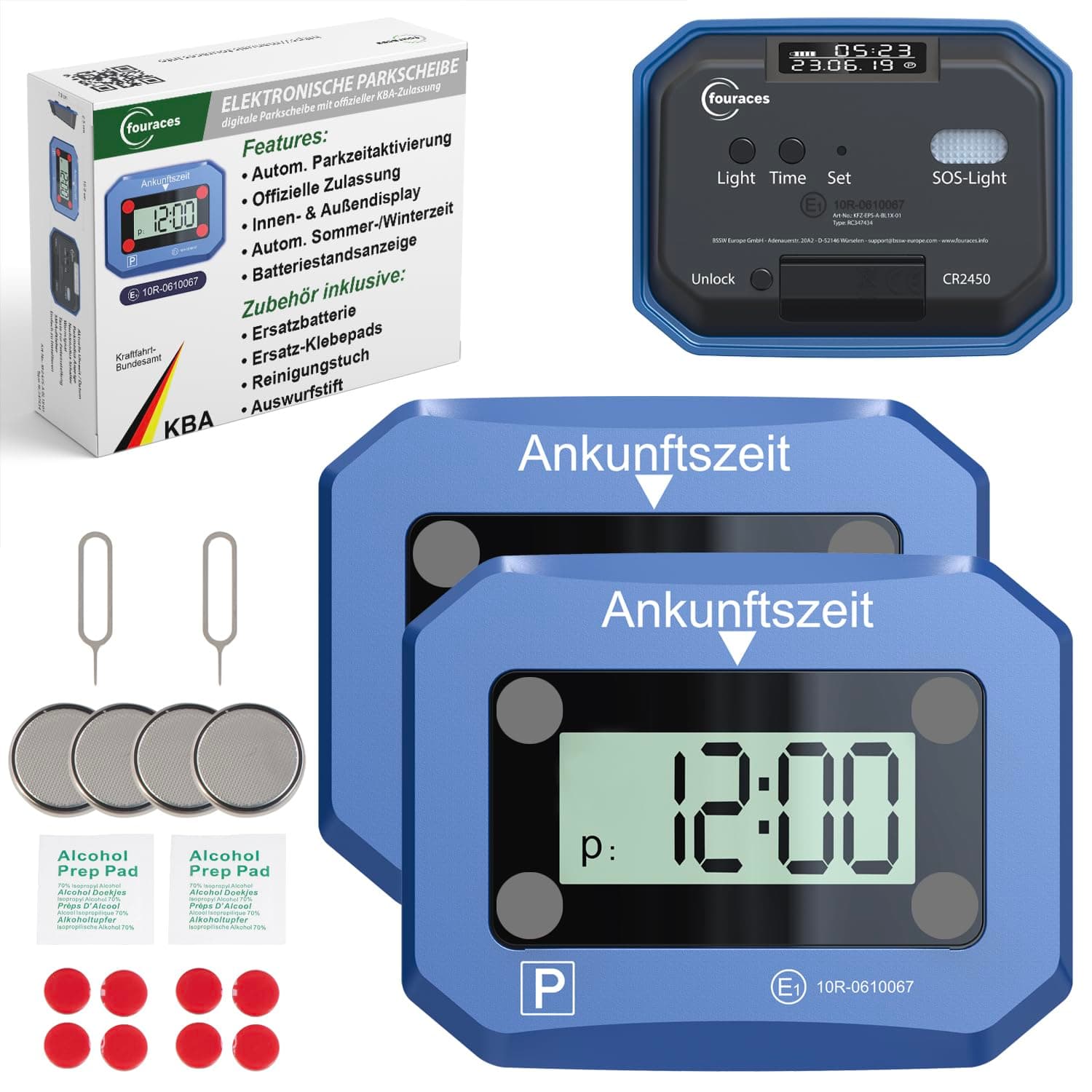fouraces 2X elektronische Parkscheibe - mit Ersatz Batterie, automatisch Sommer/Winterzeit, Zulassung des Kraftfahrtbundesamtes - automatische Parkuhr fürs Auto, blau, Digitale Park Uhr