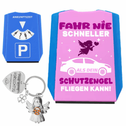 Parkscheibe mit Fahr Nie Schneller Als Dein Schutzengel Fliegen Kann,Schutzengel Schlüsselanhänger mit Lenkrad,Auto Führerschein Geschenke,Autofahrer Geschenk Glücksbringer,Fahr Vorsichtig Angebot bei HelloDeals