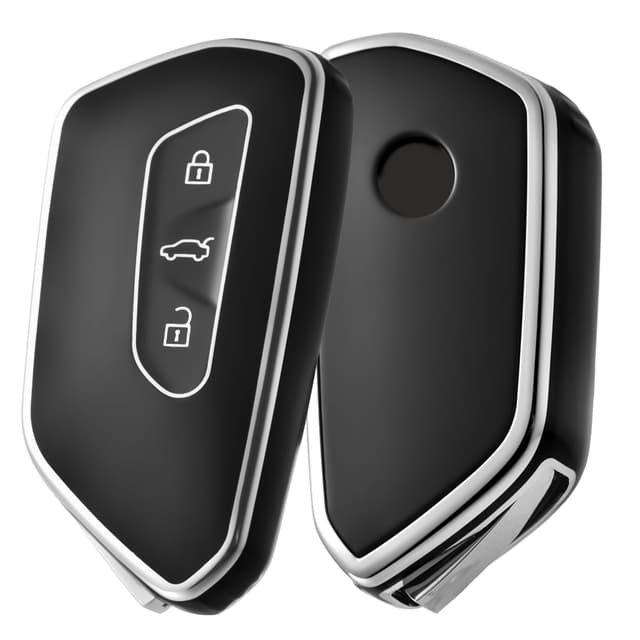 OATSBASF Autoschlüssel Hülle für VW, TPU Silikon Schlüsselhülle, kompatibel mit Golf 8, ID3, ID4, GTI, GTE, Seat Leon MK4, Tarraco, Ateca & Skoda Octavia (Silber Rand-Schwarz)