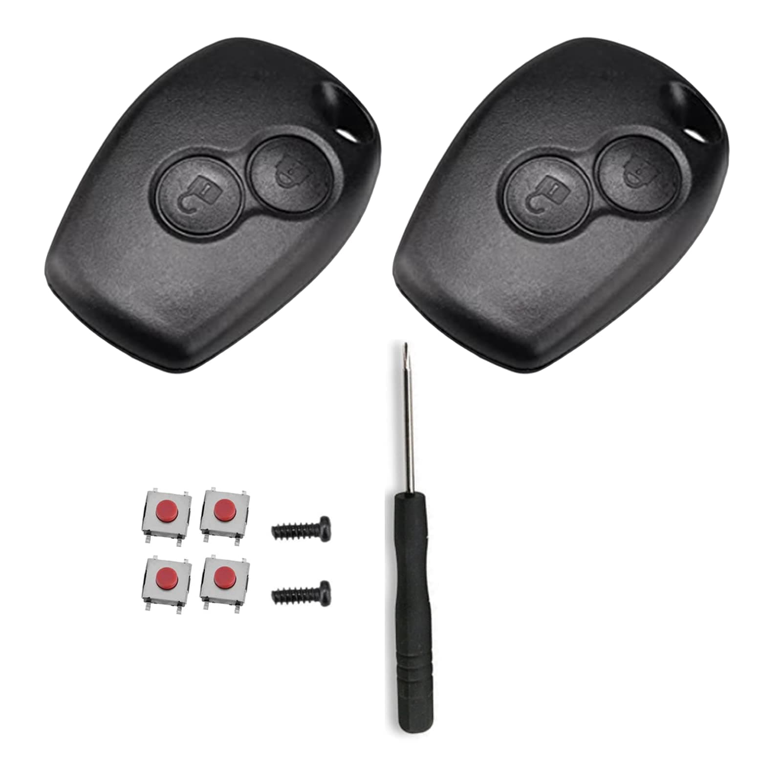 SLshiBo 2 Pack Renault Schlüssel Gehäuse 2 Tasten Autoschlüssel Gehäuse mit 4 Mikrotaster Taster und Schraubendreher Kompatibel mit Renault Kangoo Modus Clio Master Trafic Twingo Switch und Dacia 8.2×2.7 mm