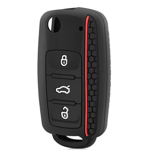Autoschlüssel-Schutzhülle für VW Polo Golf 4 5 6 Skoda Passat Caddy Jetta Beetle Bora Schlüsselanhänger, 3 Tasten, Silikon-Autoschlüsselhülle (schwarze und rote Linie)
